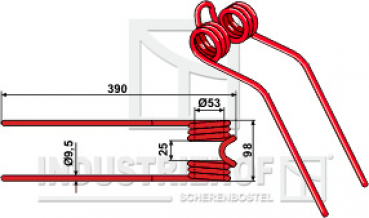 Turboheuerzinken L x B x S: 390 x 98 x 9,5 mm  für Fella Geräte / Farbe: Rot / Best.-Nr.:  15-FEL-01
