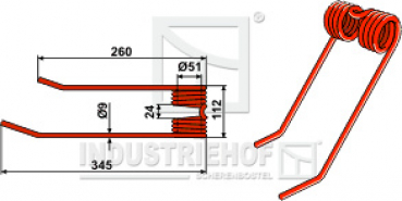 Kreiselheuerzinken Ausführung links  L x B x S:  345/260 x 112 x 9 mm  für Freudendahl (F.J.) :   Farbe rot  / Best.-Nr.  15-FJ-02