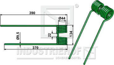 Kreiselzettwenderzinken: Ausführung rechts   L x B x S: 390 x 134 x 9,5 mm  für Krone Geräte / Farbe: Grün / Best.-Nr.:  15-KRO-01R