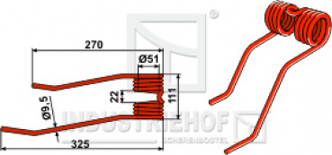 Federzinken L x B x S:  325 x 111 x 9.5 mm  für Kverneland - Taarup:   Farbe: Rot /  Best.-Nr.  15-KVE-02
