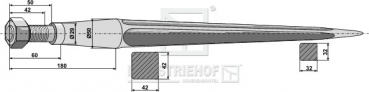 Frontladerzinken Länge 820 mm / Gewinde 28x1.5 / Profil - Vierkant 42 / 42 mm