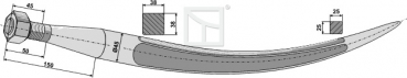 Gebogener spitzer Zinken mit konischer Mutter (18983)  Länge 920 mm Gewinde M28 x 1.5  Profil: Vierkant  38/38