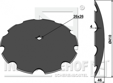 Scheibe für Scheibeneggen gezahnte Scheibe Ø410 S4 F46 C26mm-Vierkantwelle