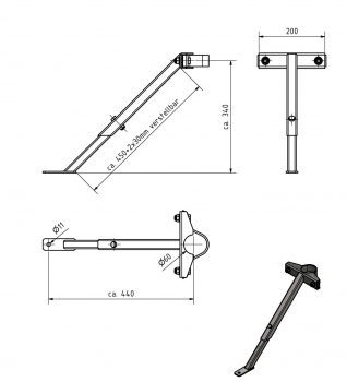 Stützradstrebe, für Ø 60 mm Stützrad, mit Klemmbock, verstellbar, Stahl verzinkt