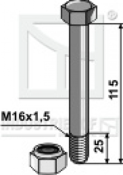Schraube mit Sicherungsmutter 63-16115 M16 x 1.5 x 115 mm 8.8 passend für Mulag Mulcher