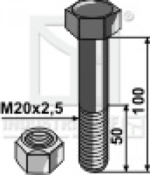 Schraube mit Sicherungsmutter 63-20100 M20 x 2.5 x 100 mm 10.9 passend für Mulag Mulcher