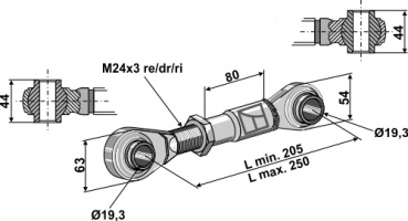 Oberlenker mit gehärteten Kugelaugen M24 x 3 Länge 205/250 mm