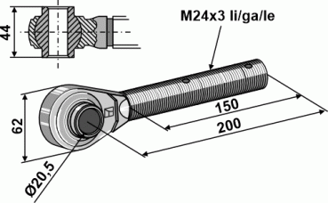 Spindel M 24 x 3 mit gehärteten Kugelaugen Länge 150/200 mm Linksgew.