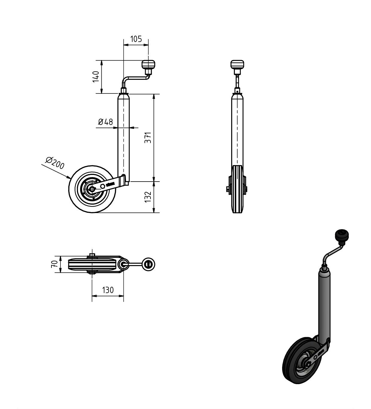 Hinken-Parts - Stützrad 48mm Vollgummi 200x50 für Wohnwagen und
