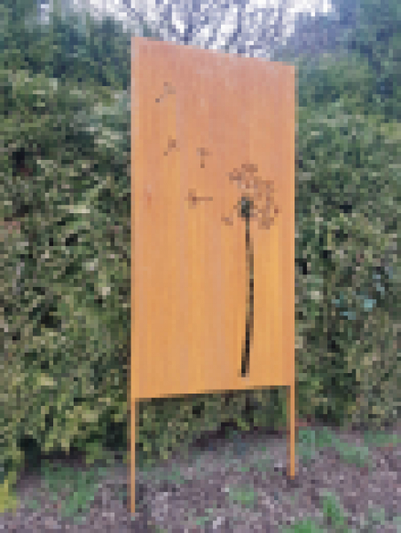 Trennwand Sichtschutzwand Schmuckblech m. Bodenanker Pusteblume 183cm Edelrost
