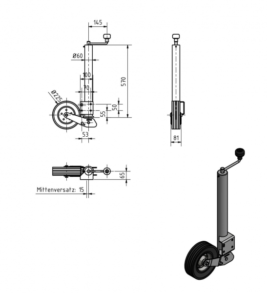 Stützrad, Ø 60 mm, automatisch klappbar mit 4-Loch Flansch