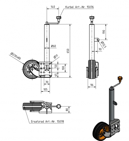 Stützrad, Ø 60 mm, 230 x 80 mm Vollgummi auf Stahlfelge, vollautomatisch klappbar