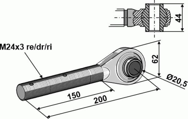 Spindel M 24 x 3 mit gehärteten Kugelaugen Länge 150/200 mm Rechtsgew.